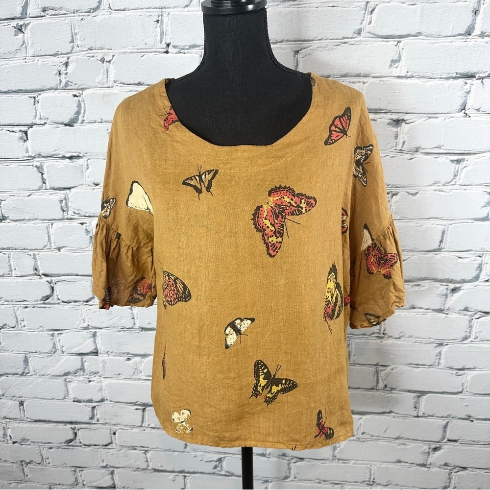 Viola Borghi Italian Linen Butterfly Top Sz Small Caramel Butterfly Boho Artsy